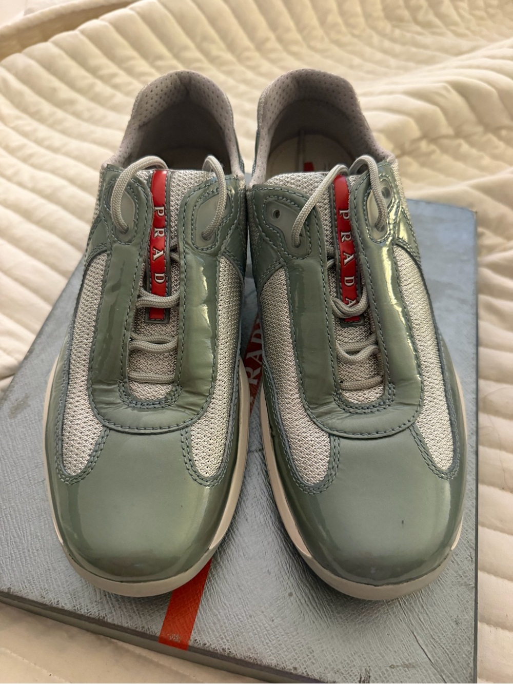 Prada Men’s Pale Green Patent & Mesh Sneakers with Red Logo Tab